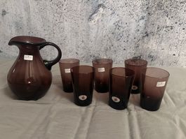 Vintage Glaskrug mit 6 Gläsern – Farbglashütte Lauscha