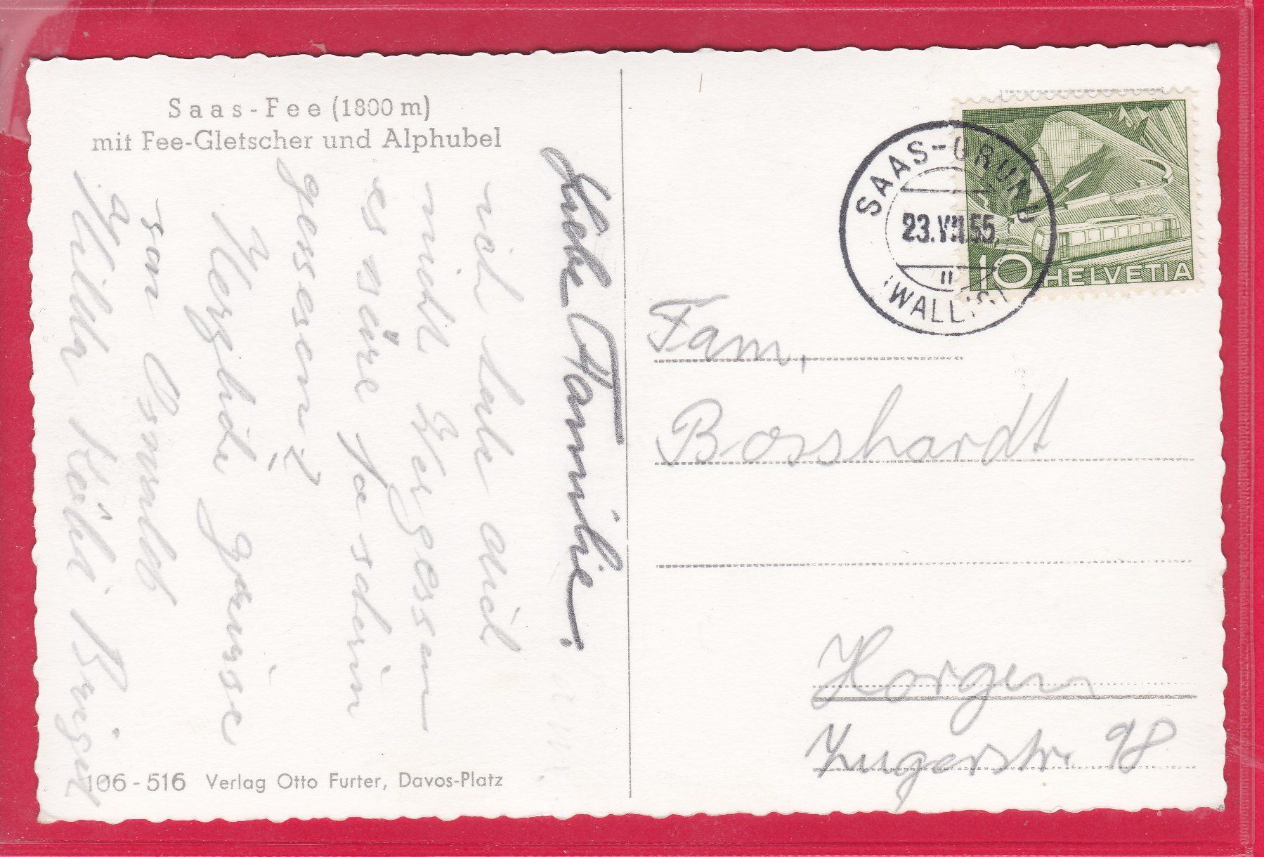Cartoline postali: SAAS - FEE MIT FEEGLETSCHER UND ALPHUBEL, 23.7.1955 – Usato da Oberrieden venduto da Gebirgsstelze 1