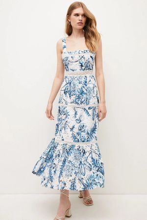 Sommerliches Midi-Kleid mit blauem Blumenmuster, Grösse 38