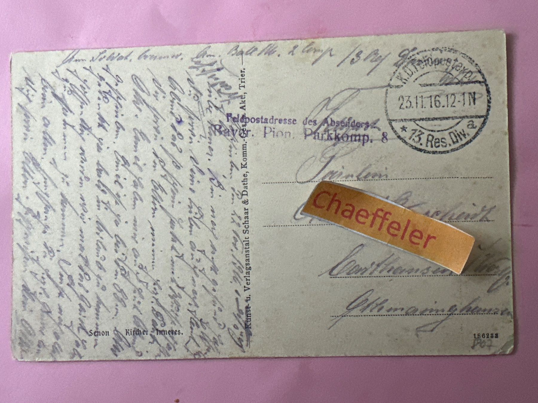 Cartes postales: 1916 Senon  Kirche. Inneres. Feldpost: 13.Res.Div. – D'occasion à Zürich par Chaeffeler 1