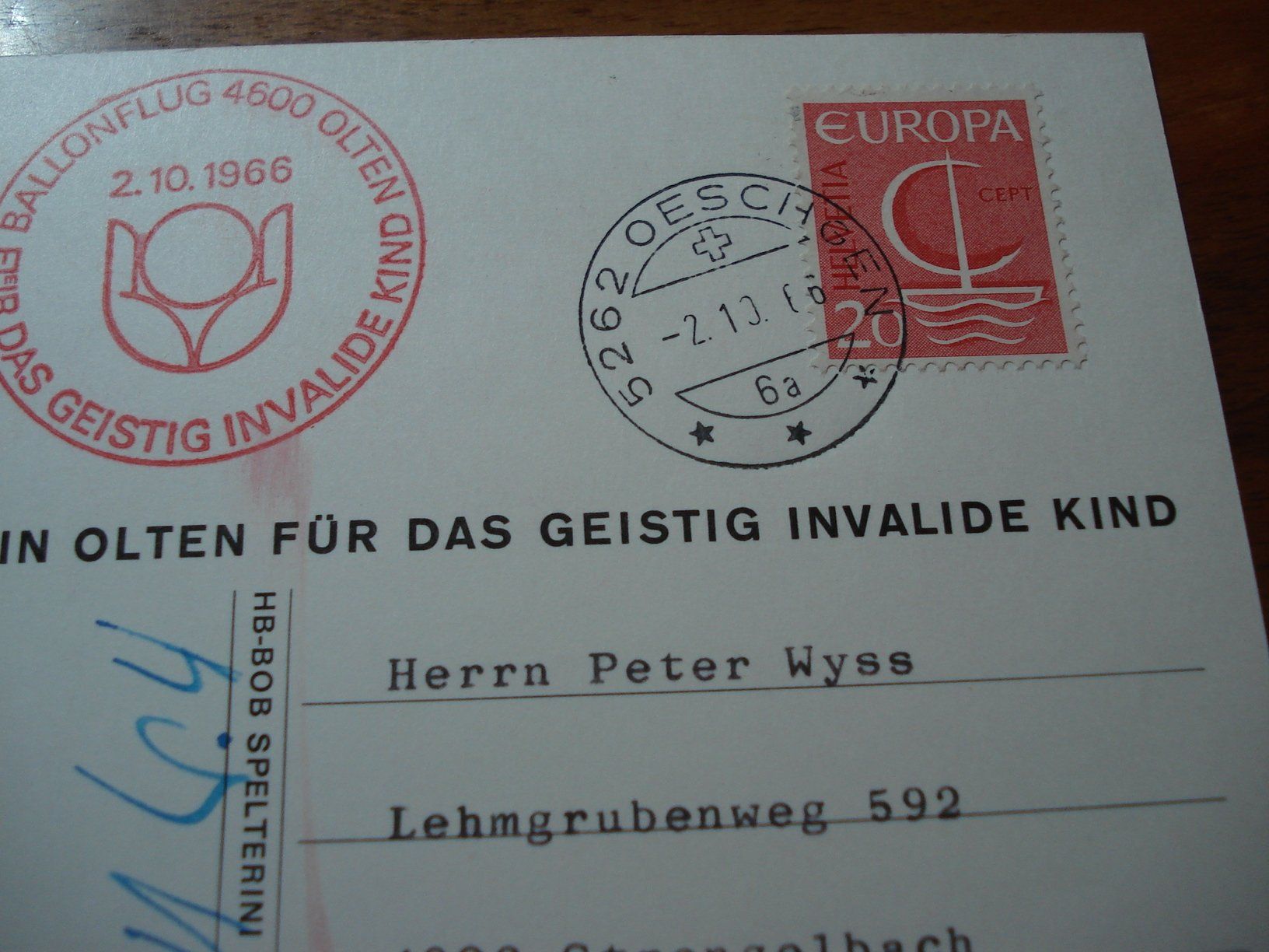 Tous les timbres: Ballonpostkarte 1966, Olten – D'occasion à Niederwil AG par morostahu 1