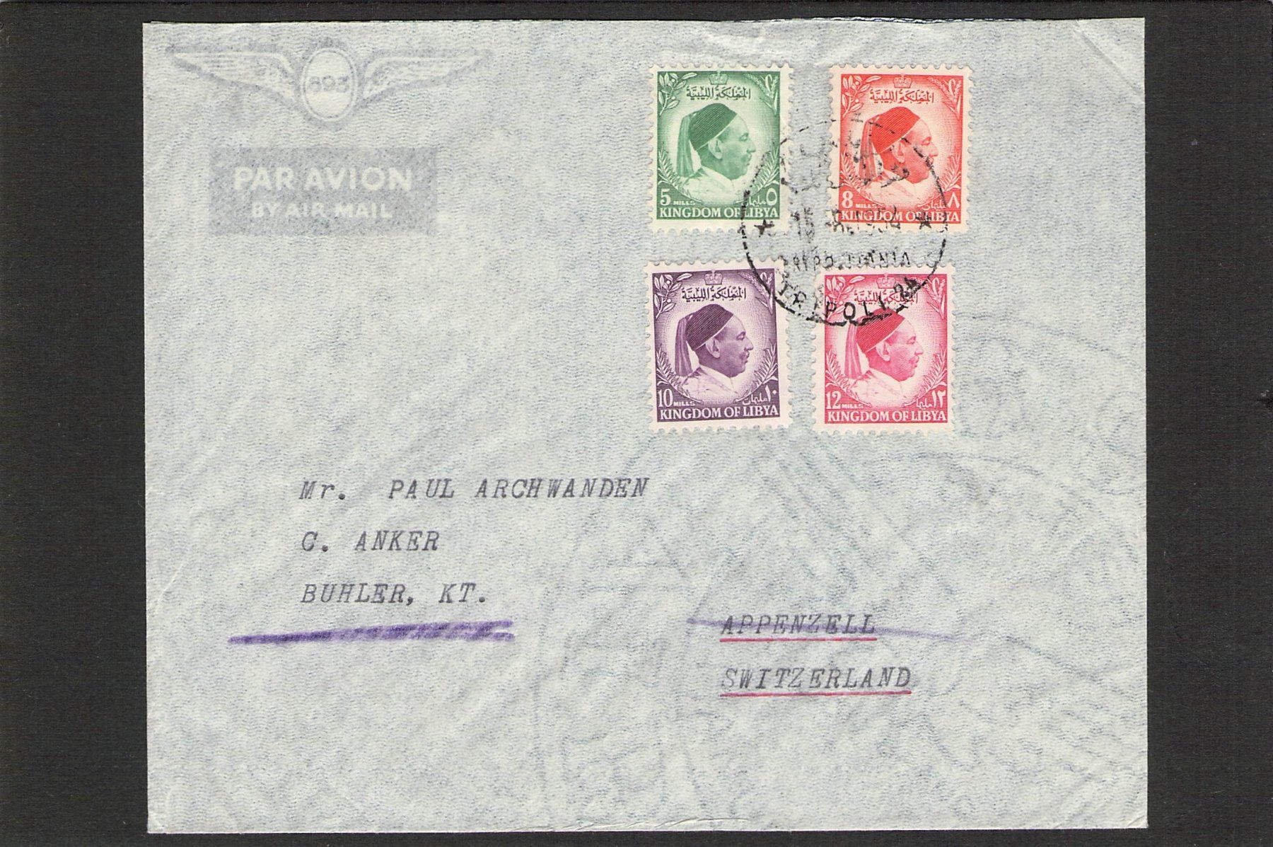 Alle Briefmarken: Flugbrief: Libyen - Bühler AR , 15.9.1954, Mi - Nr.36-39 – Gebraucht aus Reichenburg von Pipo-67