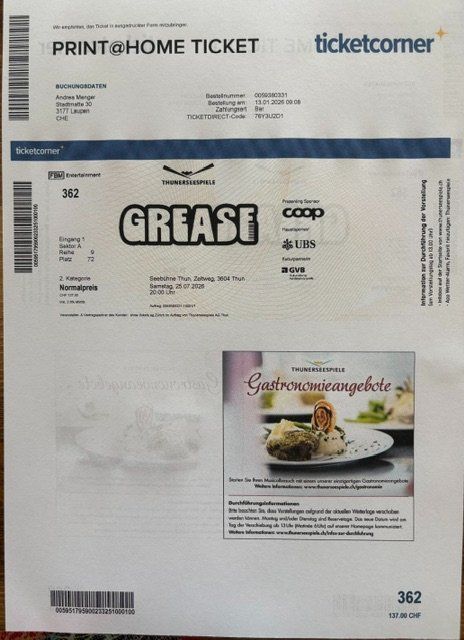Biglietti: Tickets Grease Thuner Seespiele – Nuovo e nell'imballaggio originale da Laupen BE venduto da Mengler 1