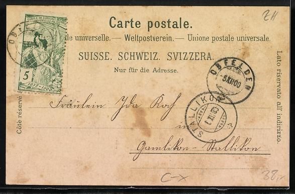 Cartoline postali: Litho Obfelden, Schule, Kirche und Pfarr – Usato da Berlin venduto da bartko-reher 1