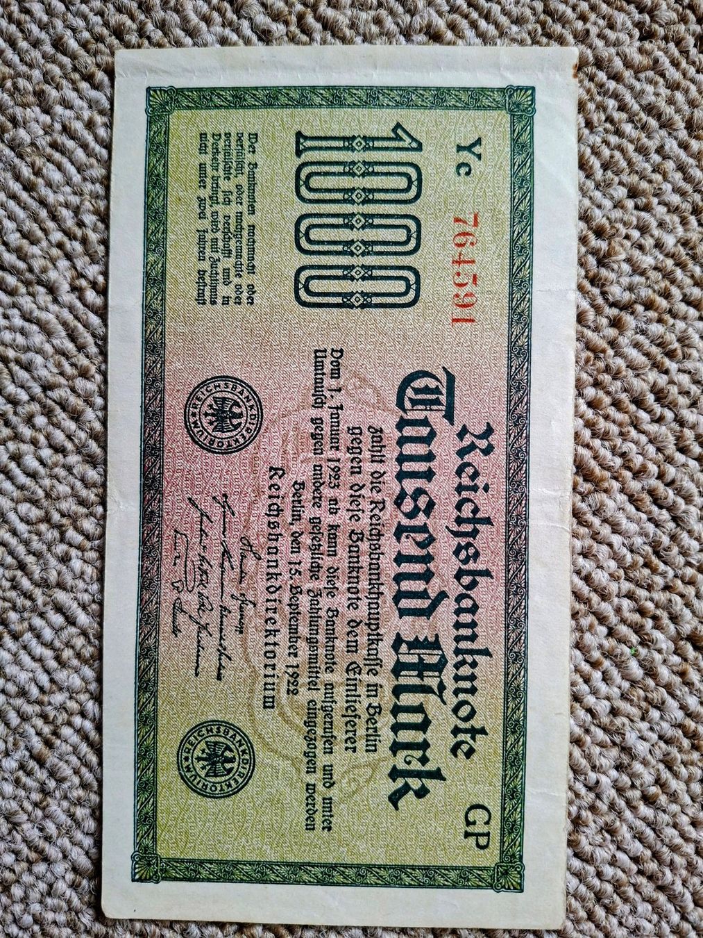 Banknoten: 1000 Mark 1922 banknote, Germany, used condition – Gebraucht aus Arisdorf von Schnautz02 3