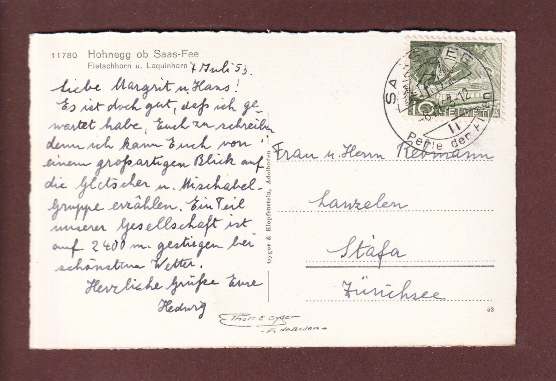 Cartoline postali: HOHNEGG ob Saas-Fee - 1953 – Usato da Pully venduto da nicecards 1