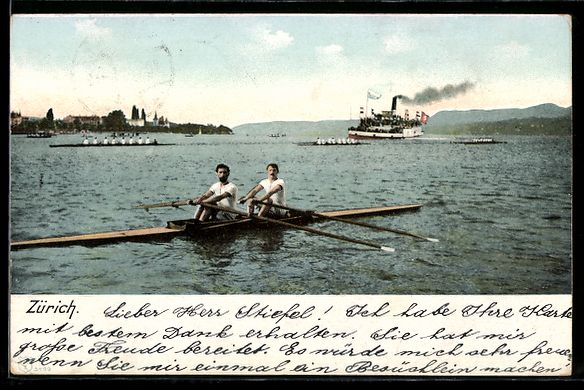 Ansichtskarten: Zürich, Ruderer im Zweier, Dampfschiff – Gebraucht aus Berlin von bartko-reher