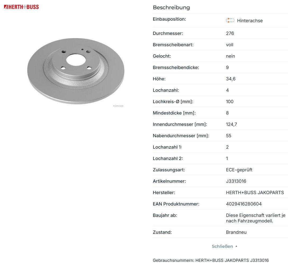 Mazda Tutti pezzi di ricambio auto: Bremsscheiben Mazda MX-5 II Hinterachse HERTH+BUSS – Nuovo e nell'imballaggio originale da Wettingen venduto da ray_boccia 3