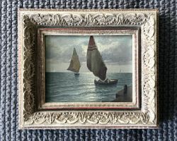 Antikes Ölgemälde Meereslandschaft Seegelboote 30 x 35 cm