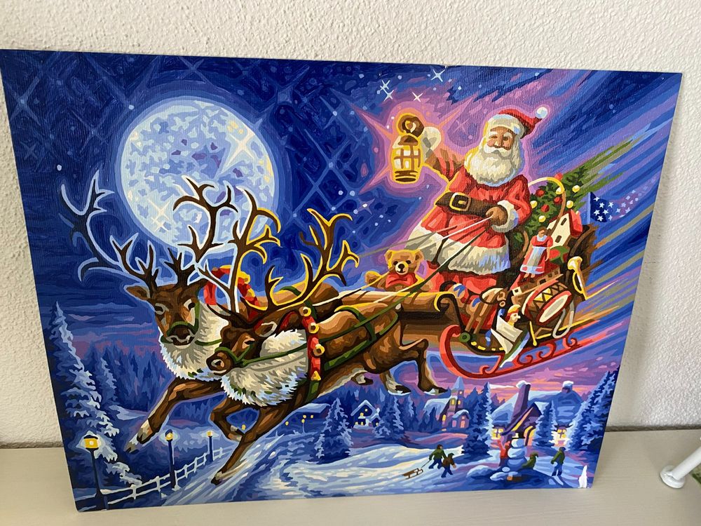 Der Weihnachtsmann mit Rentierschlitten Bild,Handarbeit | Kaufen auf