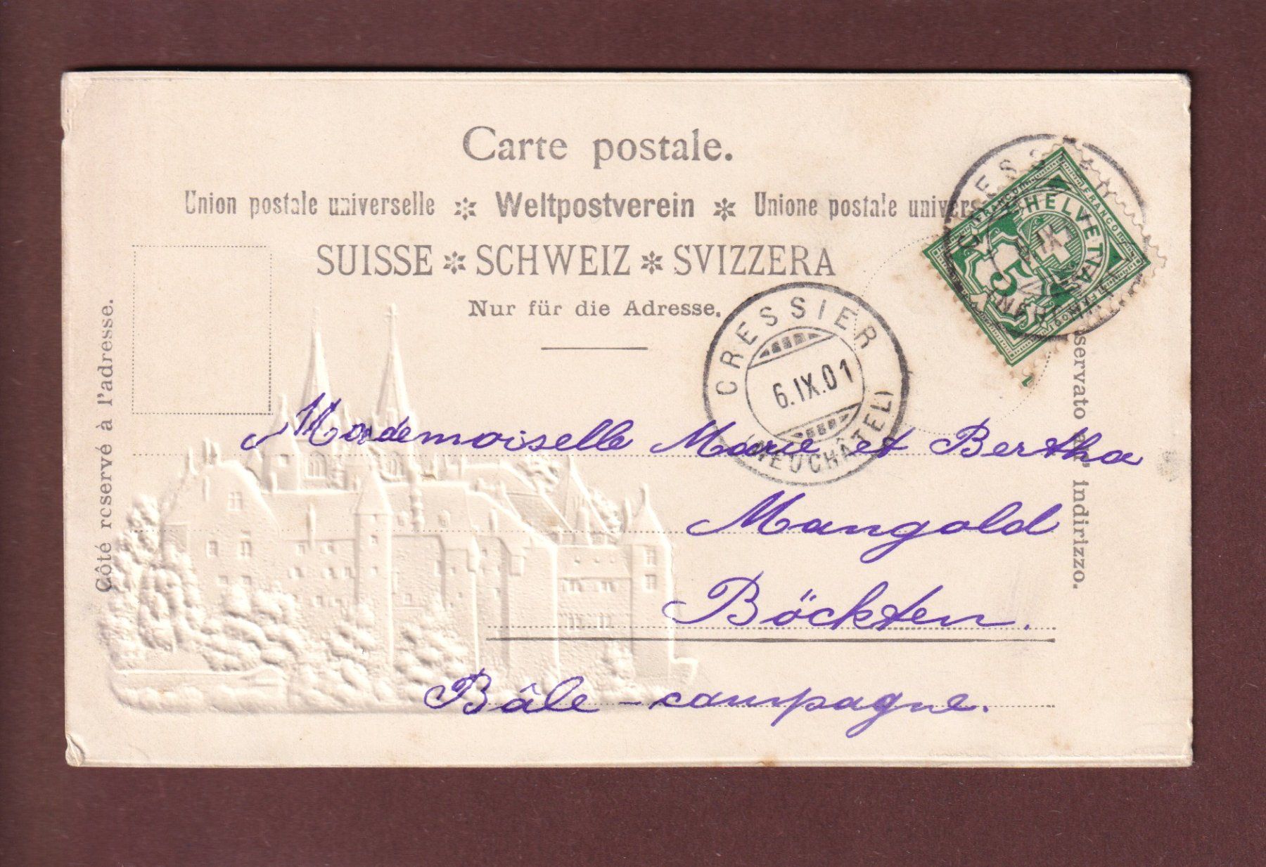 Cartoline postali: NEUCHÂTEL - Château - 1901 carte gauffrée – Usato da Pully venduto da nicecards 1