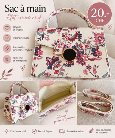 Sac à main motif floral avec bandoulière état comme neuf