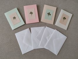 4 Mini Karten mit echt Klee