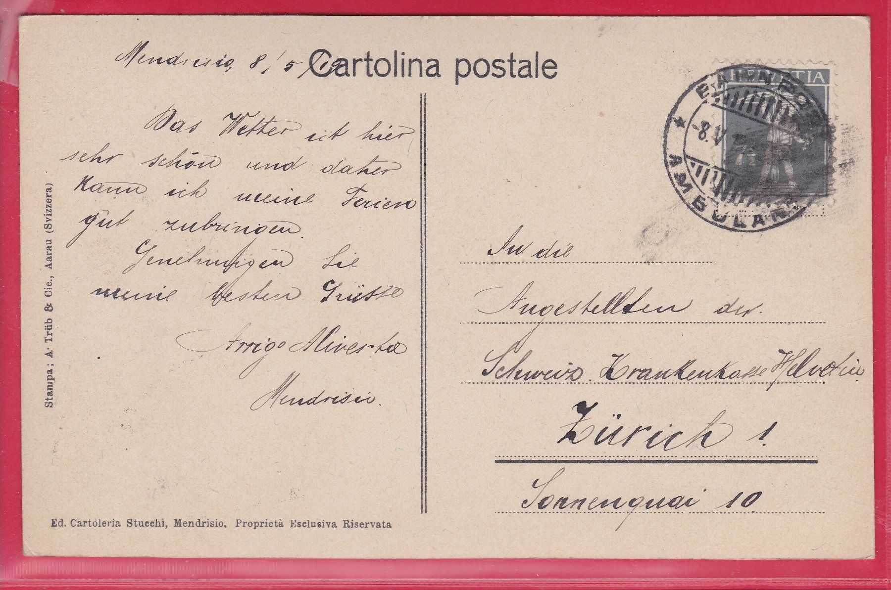 Cartoline postali: MENDRISIO PANORAMA, 8.5.1919 – Usato da Oberrieden venduto da Gebirgsstelze 1