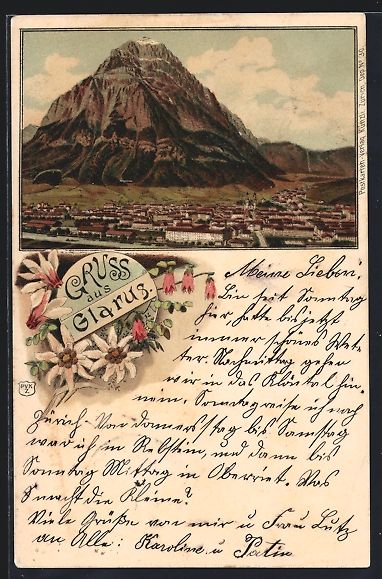 Cartes postales: Litho Glarus, Ortsansicht mit Berg, Edel – D'occasion à Berlin par bartko-reher