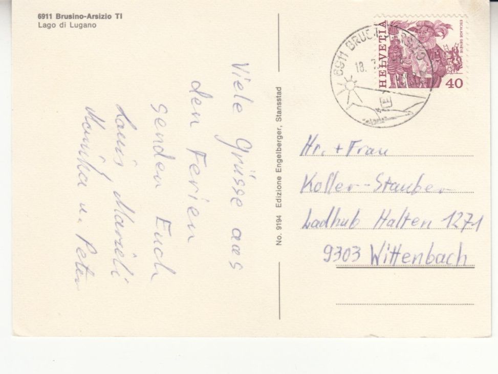 Cartoline postali: Brusino Arsizio 1977 – Usato da Bürglen TG venduto da StampGraf 1