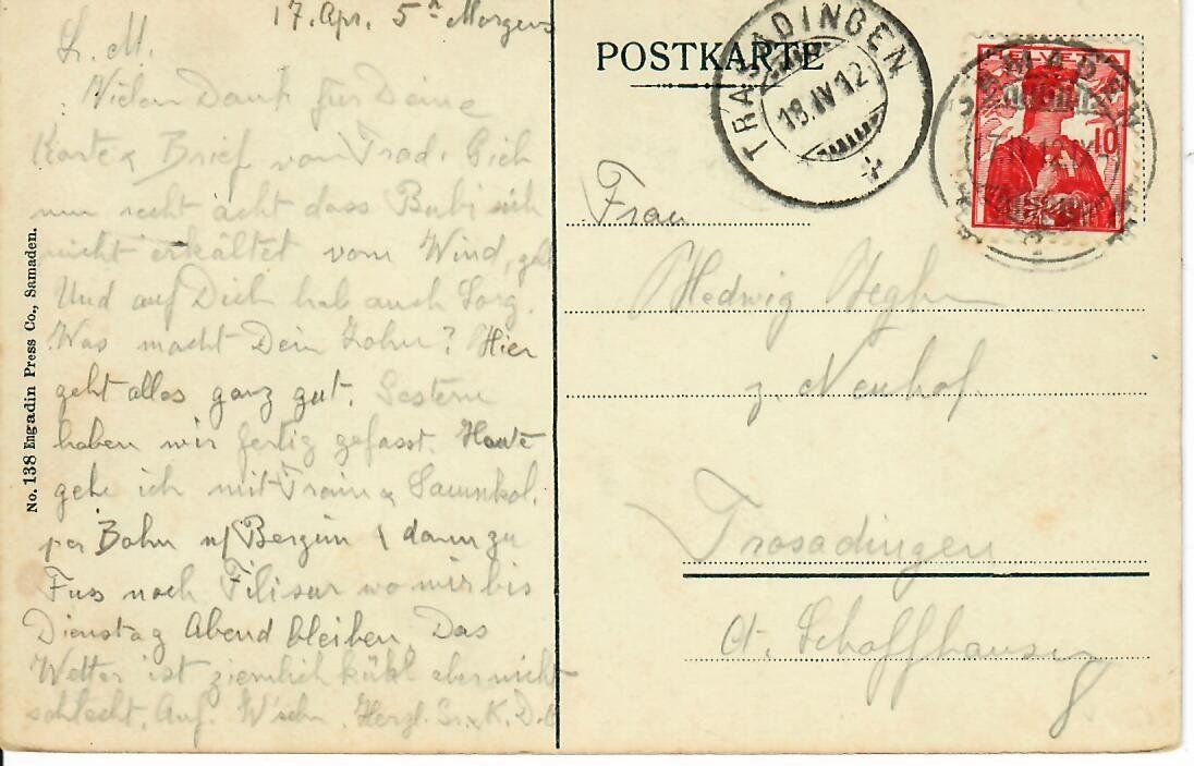 Cartoline postali: Samaden  1912 – Usato da Hochdorf venduto da Ziegel-16 1