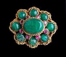 Antike Smaragd Cabochon Rubin Brosche Silber Vergoldet