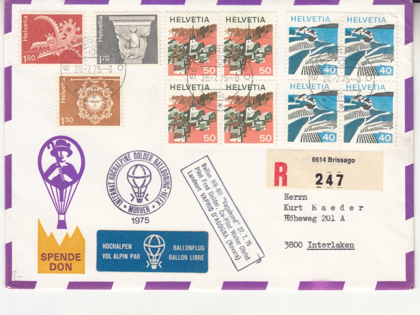 Tutti i francobolli: Hochalpen-Ballonfahrt 1975 – Usato da Bürglen TG venduto da StampGraf