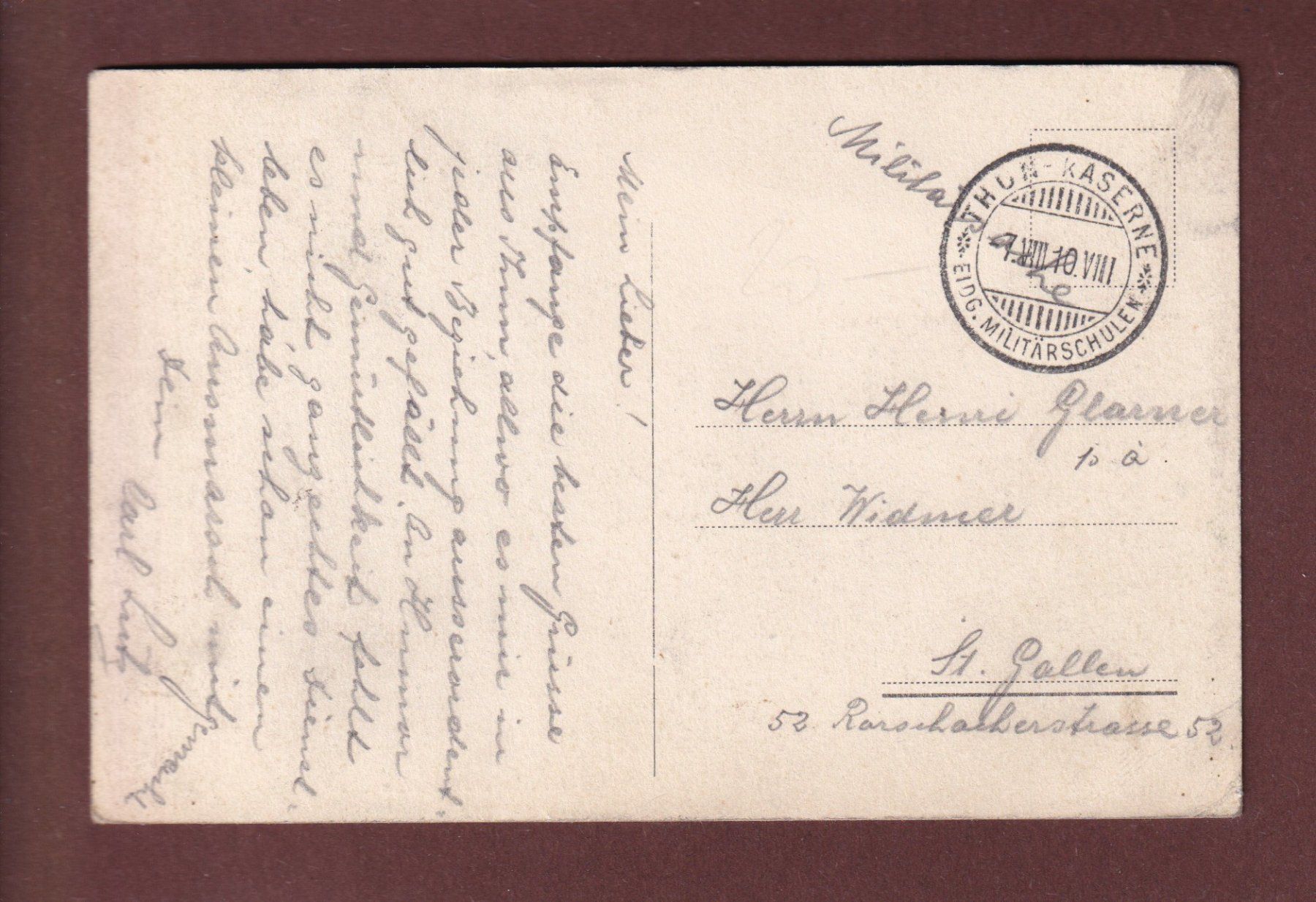 Cartoline postali: THUN - Kaserne - Unteroffiziers-Kantine - 1910 – Usato da Pully venduto da nicecards 1