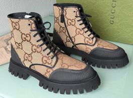 GUCCI GG Segeltuch Beige Canvas Leder Boots Stiefel 45 NEUE