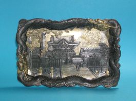 ANTIKE JAPANISCHE RELIEFPLATTE METALL PALASTANLAGE DRACHEN