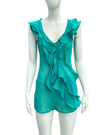 Sommerliches, türkises Chiffon-Top mit Rüschen, Grösse S