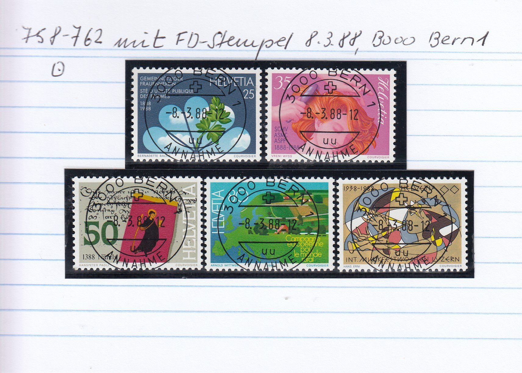 Alle Briefmarken: 758-762 mit FD-Stempel 8.3.88, 3000 Bern 1 – Gebraucht aus Spreitenbach von Lienbi01