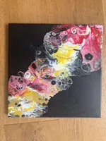 Acryl Bild Pouring Technik rot gelb schwarz quadratisch