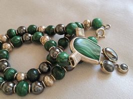 Vintage Handmade massive Sterling/Malachit/Hämatit Kette