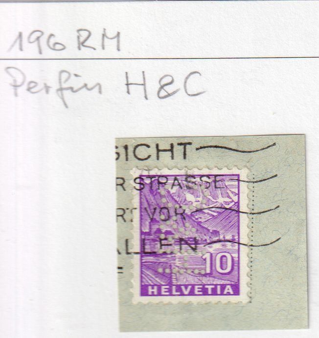 Alle Briefmarken: Perfin 196 RM, H&C Briefausschnitt – Gebraucht aus Basel von Bingis