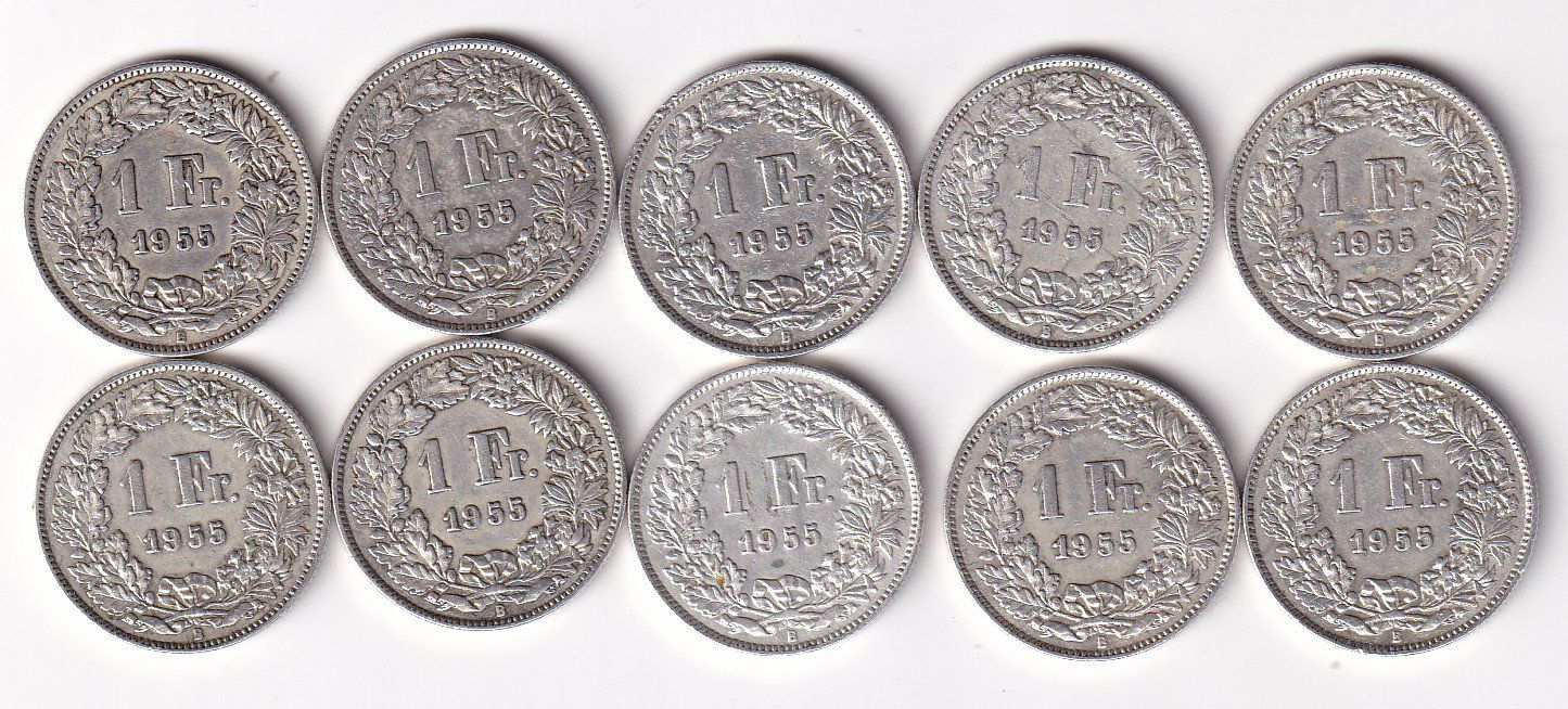Tutti le monete: Schweiz 10 x 1 Franken 1955 Silber – Usato da Neuchâtel venduto da karlpierrino