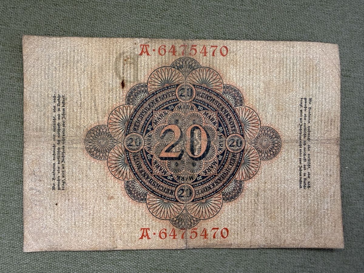 Banknoten: Reichsbanknote 20 Mark 1908 Sammlung – Gebraucht aus Wettswil von Elsol 1