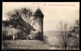 AK Estavayer, Vieille tour du château et vue sur le lac