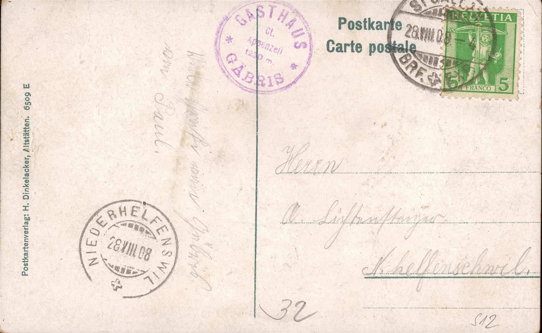 Cartoline postali: 1908 AK Gäbris gegen den Säntis – Usato da Eggersriet venduto da stamp303 1