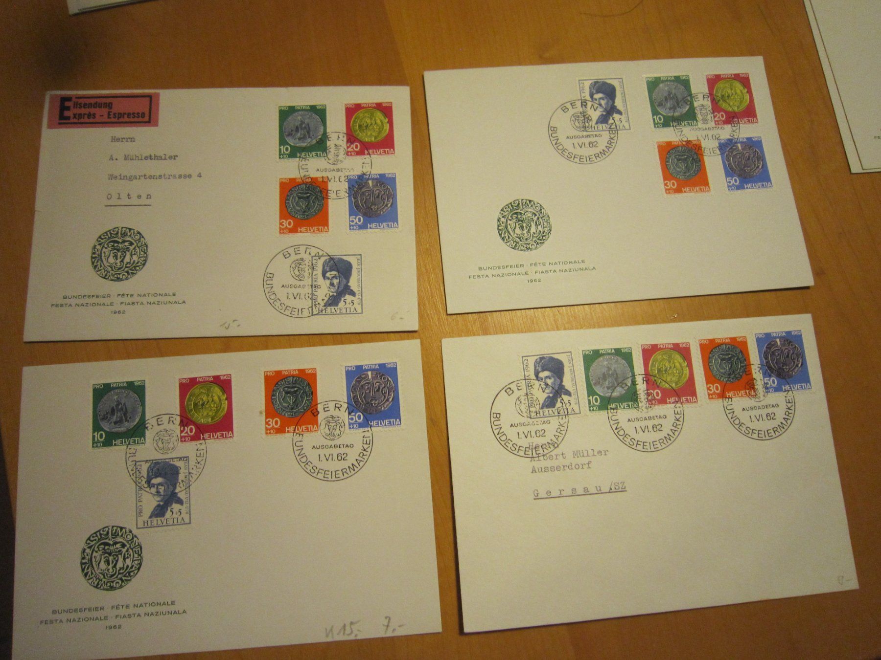 Tutti i francobolli: PP 1962 FDC 4 verschiedene einmal mit AK Stempel – Usato da Gordola venduto da Polentaefung