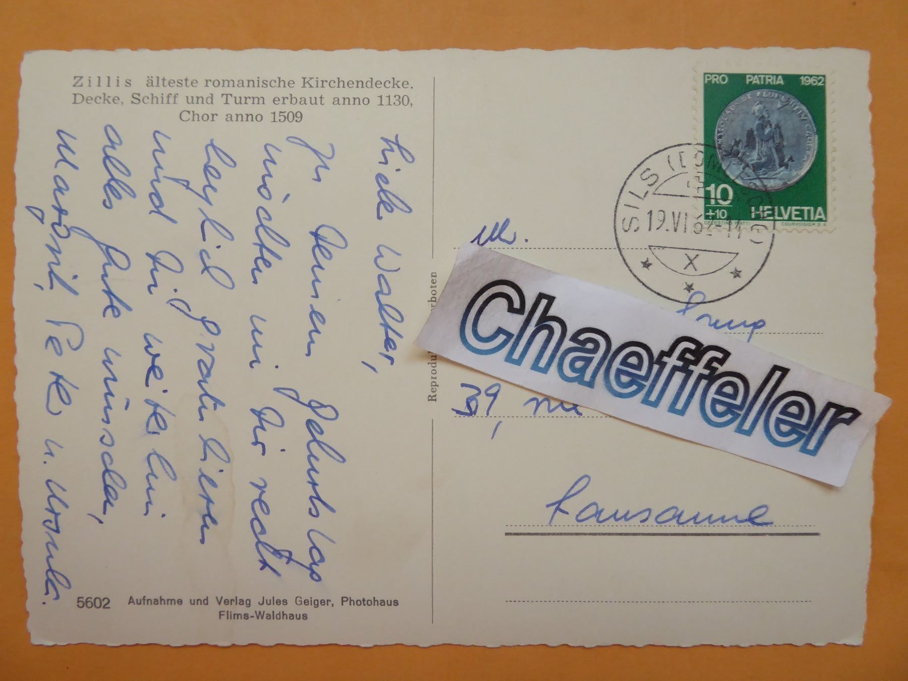 Cartoline postali: 1962 Zillis – Usato da Zürich venduto da Chaeffeler 1