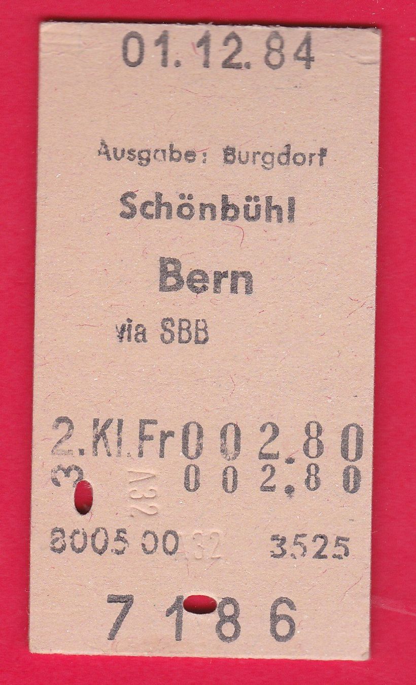 Biglietti: KARTON BILLETT, SCHÖNBÜHL - BERN, 2.KLASSE, EINFACH, 1984 – Usato da Oberrieden venduto da Gebirgsstelze