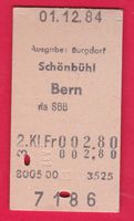 KARTON BILLETT, SCHÖNBÜHL - BERN, 2.KLASSE, EINFACH, 1984