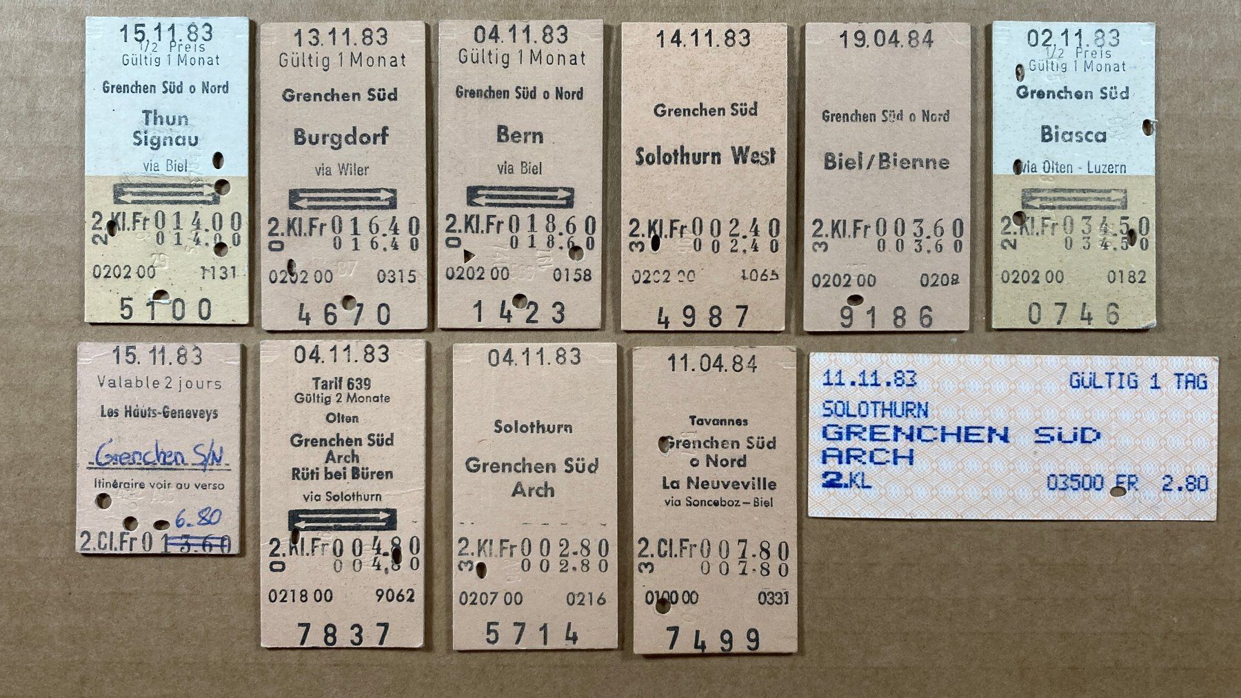 Tickets: Grenchen, 11 entwertete Bahn Billette, 1983 & 1984, SBB – Gebraucht aus Lenzburg von fh1