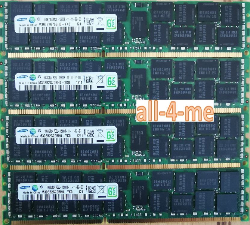 Lot RAM 64 Go (4x16Go) DDR3 PC3L-12800R ECC REG – Pour Serveur, Samsung, D'occasion