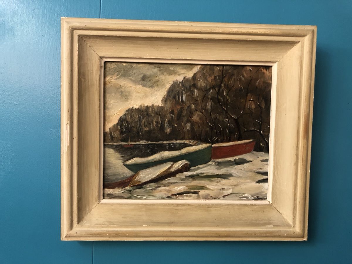 Dipinti: Gemälde Bild Boote am See im Schnee von Andenmatten? – Usato da Malters venduto da WerkstattBurch 1
