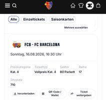 FCB - Barca, 1 Ticket Vollpreis, BO Parkett, R. 17, S. 710