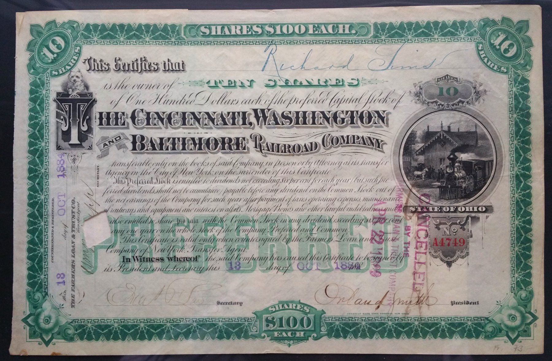 Dokumente: Aktie: Cincinnati, Washington & Baltimore Railroad Co. 1884 – Gebraucht aus Oberriet SG von ganesh435