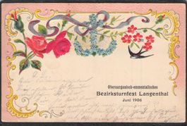 ^Prägekarte Bezirksturnfest Langenthal BE 1906 , gel.