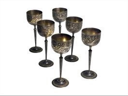 6er Set Jugendstil Kelche Silbern, Blumendekor - für Grappa