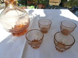 Retro Glas Karaffe oranger Ton/Farbe mit Zapfen, 4 Gläsern