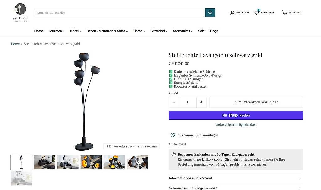 Lampade: Stehleuchte Lava 170cm schwarz gold – Nuovo e nell'imballaggio originale da Winterthur venduto da aredo 4