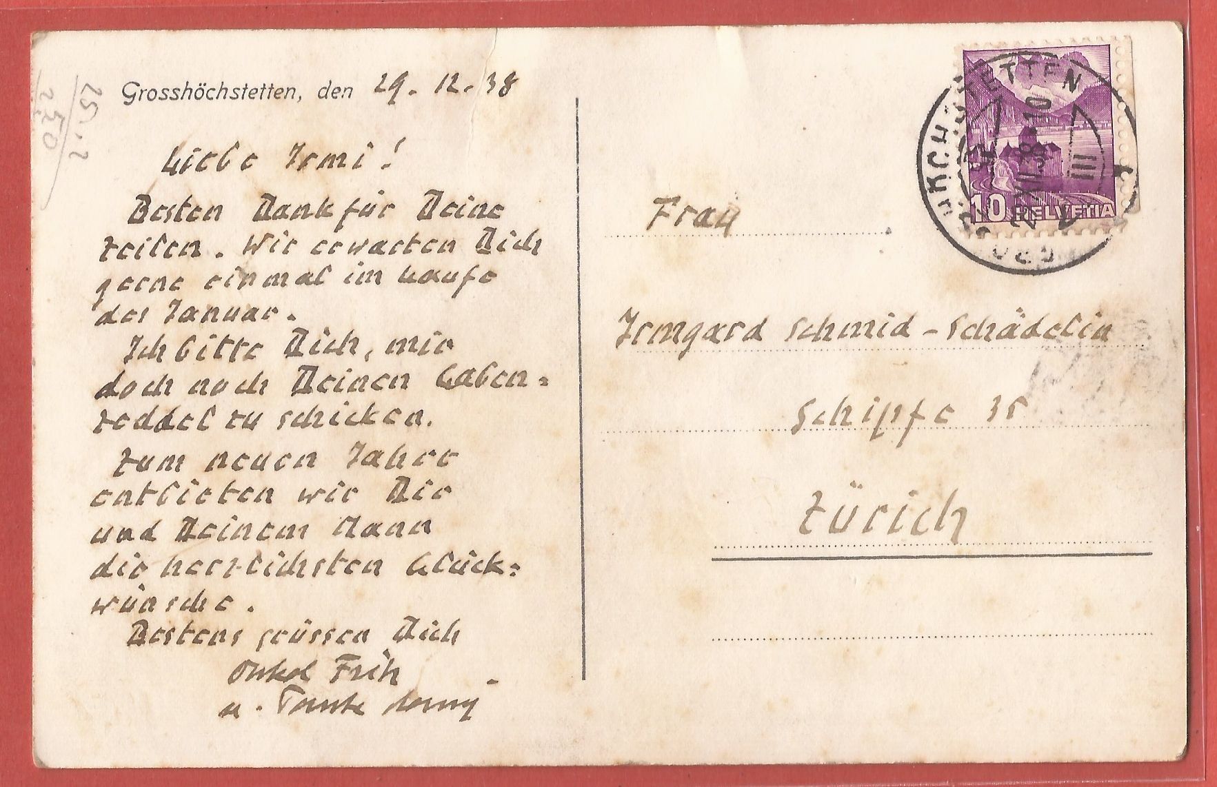 Cartoline postali: Grosshöchstetten - Wohnhaus - 1938 – Usato da Fislisbach venduto da Porano 1
