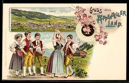 Litho Appenzell, Trachtengruppe vor Orts
